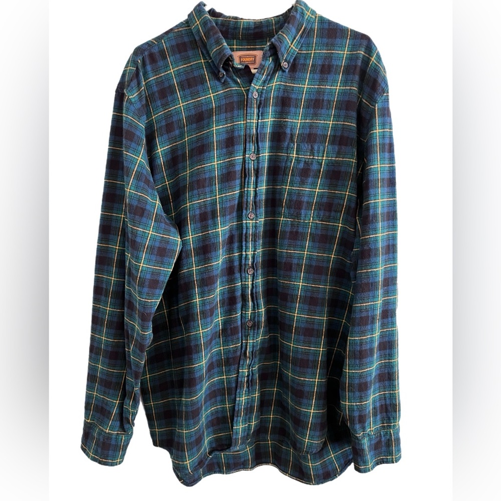 The Foundry Supply Co. Blue and Yellow Plaid Flannel Tall Fit Shirt - Picture 3 of 6